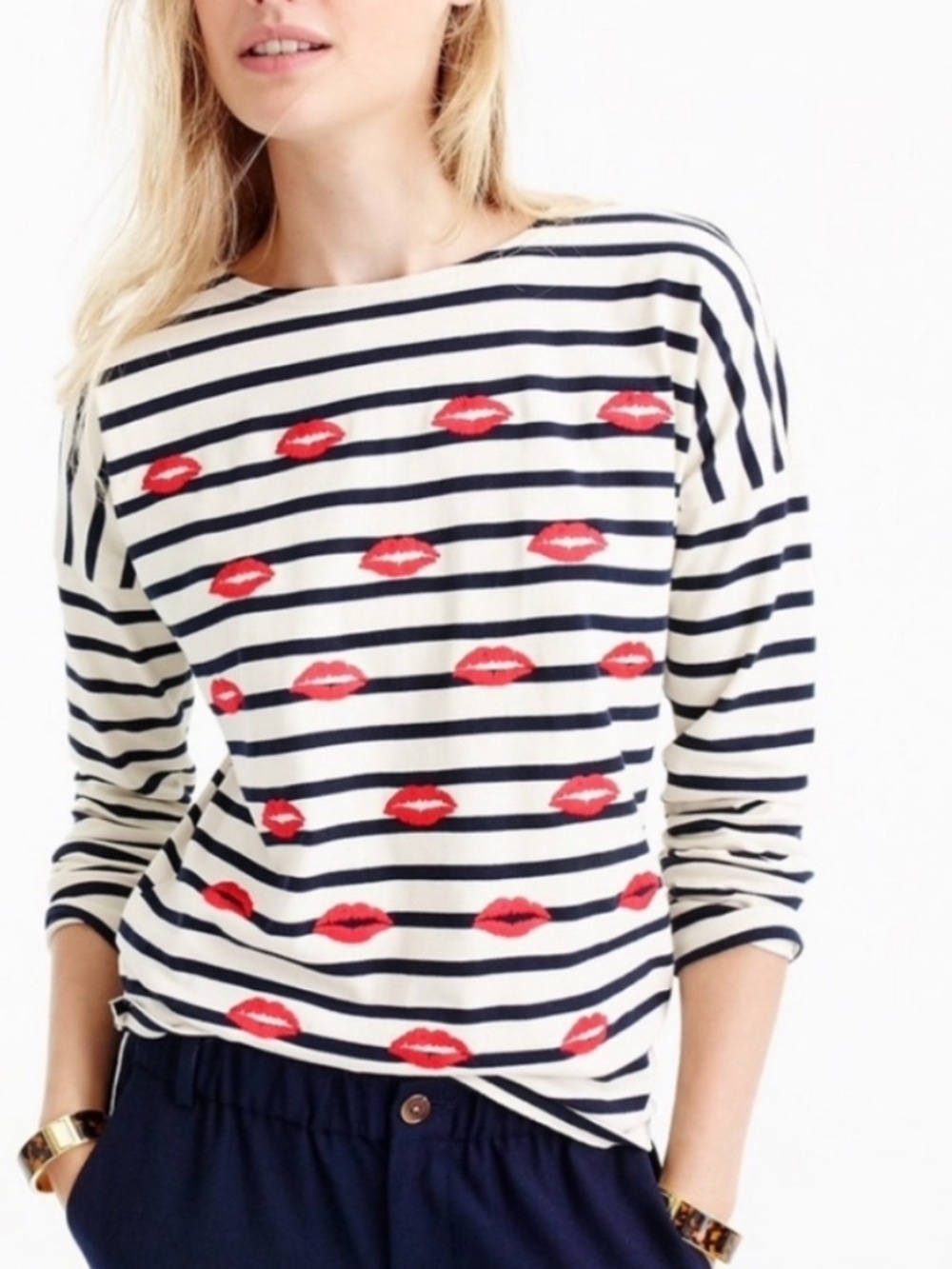 J.Crew Embroidered Lips Striped Cotton Top Small